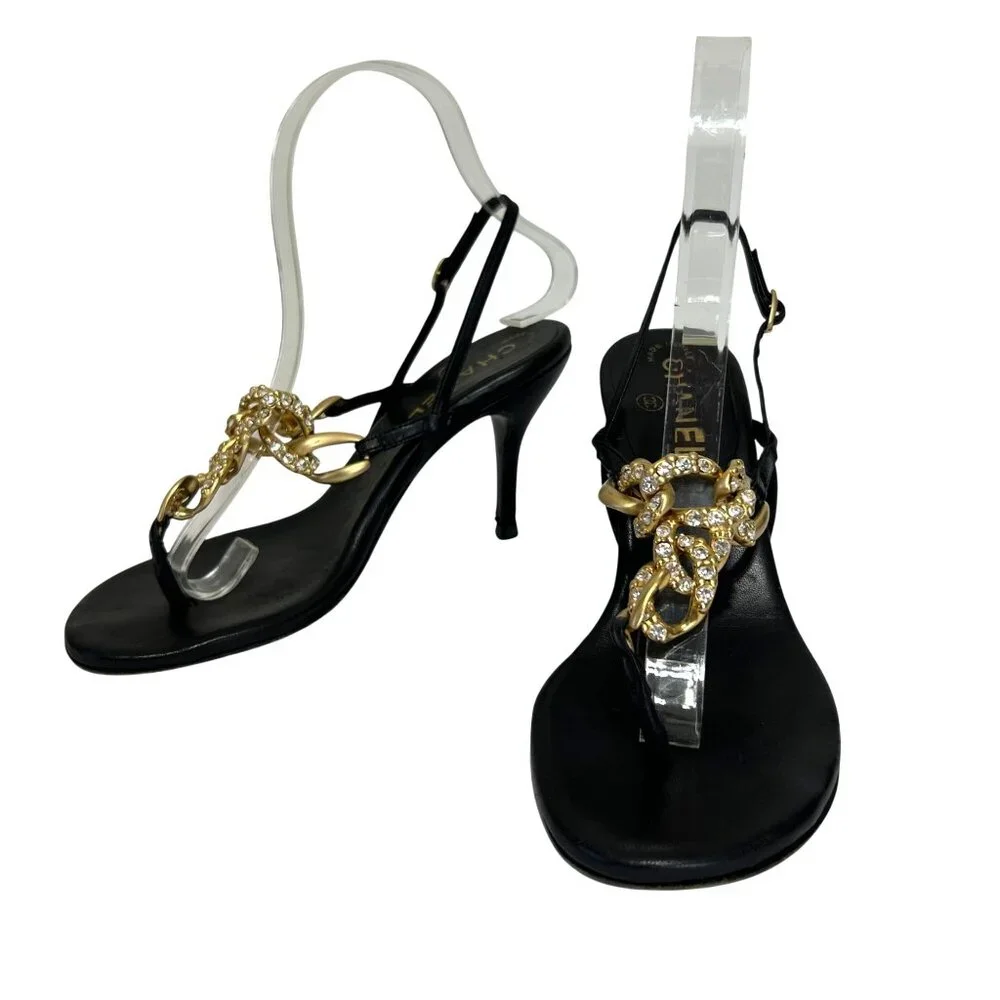 Chanel Sz 36 Black Leather Slingback Heels With Gold Chain Rhinestone Detail